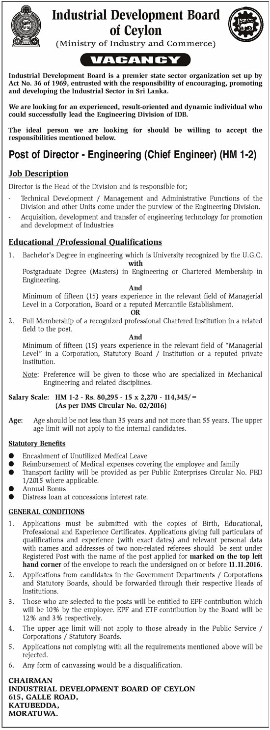 Director Engineering (Chief Engineer) - Industrial Development Board	